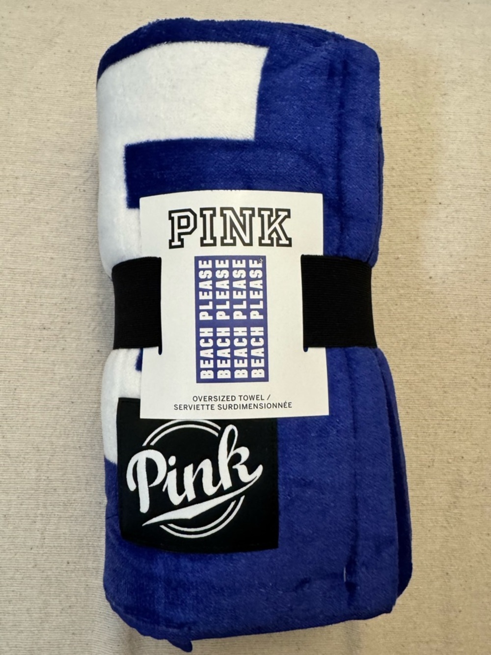 PINK Victoria's Secret Beach Please Royal Blue and White Graphic Towel BNWT - Picture 2 of 5